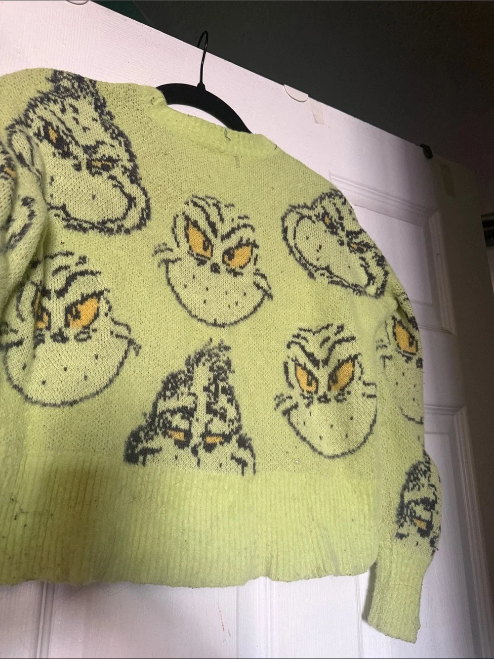Justice Lime Green Grinch Face Knit Sweater with Yellow Eyes